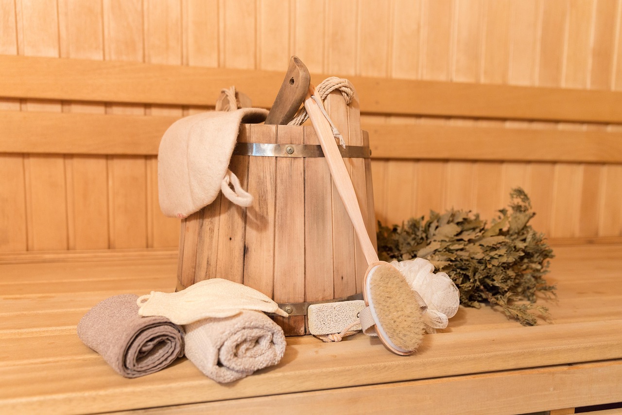 bench, leaves, herbs, towels, bath, sauna, nature, lifestyle, relaxation, activity, alternative, bathroom, beauty, body, bucket, bundle, care, clean, hat, healthcare, heat, hygiene, leisure, medicine